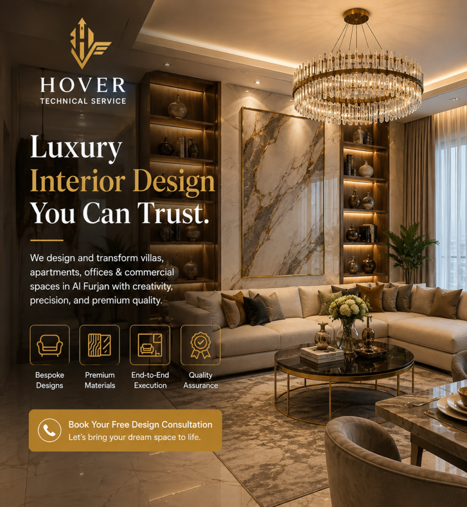 Luxury villa interior designed by Hover Technical Services, a trusted Villa Interior Design Company in Al Furjan, Dubai, featuring bespoke interiors, premium materials, custom lighting, and elegant living spaces.