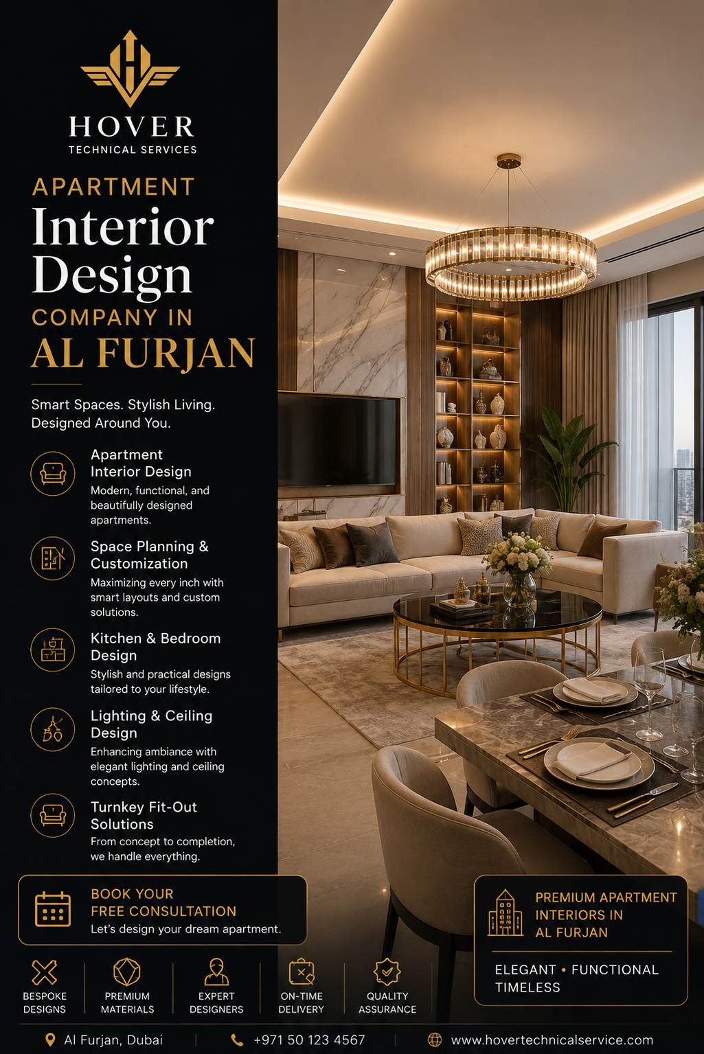 Luxury apartment interior design in Al Furjan, Dubai by Hover Technical Services featuring modern living room, custom lighting, premium finishes, and bespoke interiors.