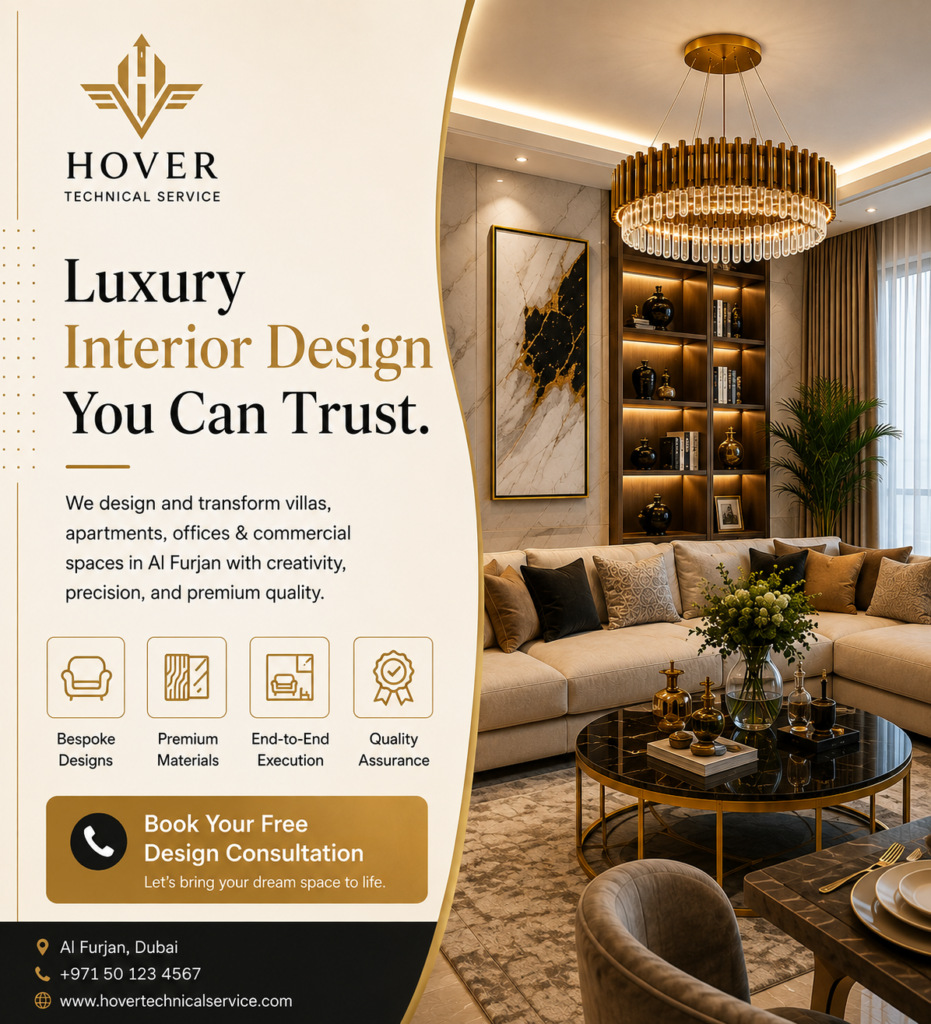 Luxury apartment interior design in Al Furjan, Dubai by Hover Technical Services featuring a modern living room, premium lighting, bespoke furniture, elegant finishes, and turnkey interior solutions.